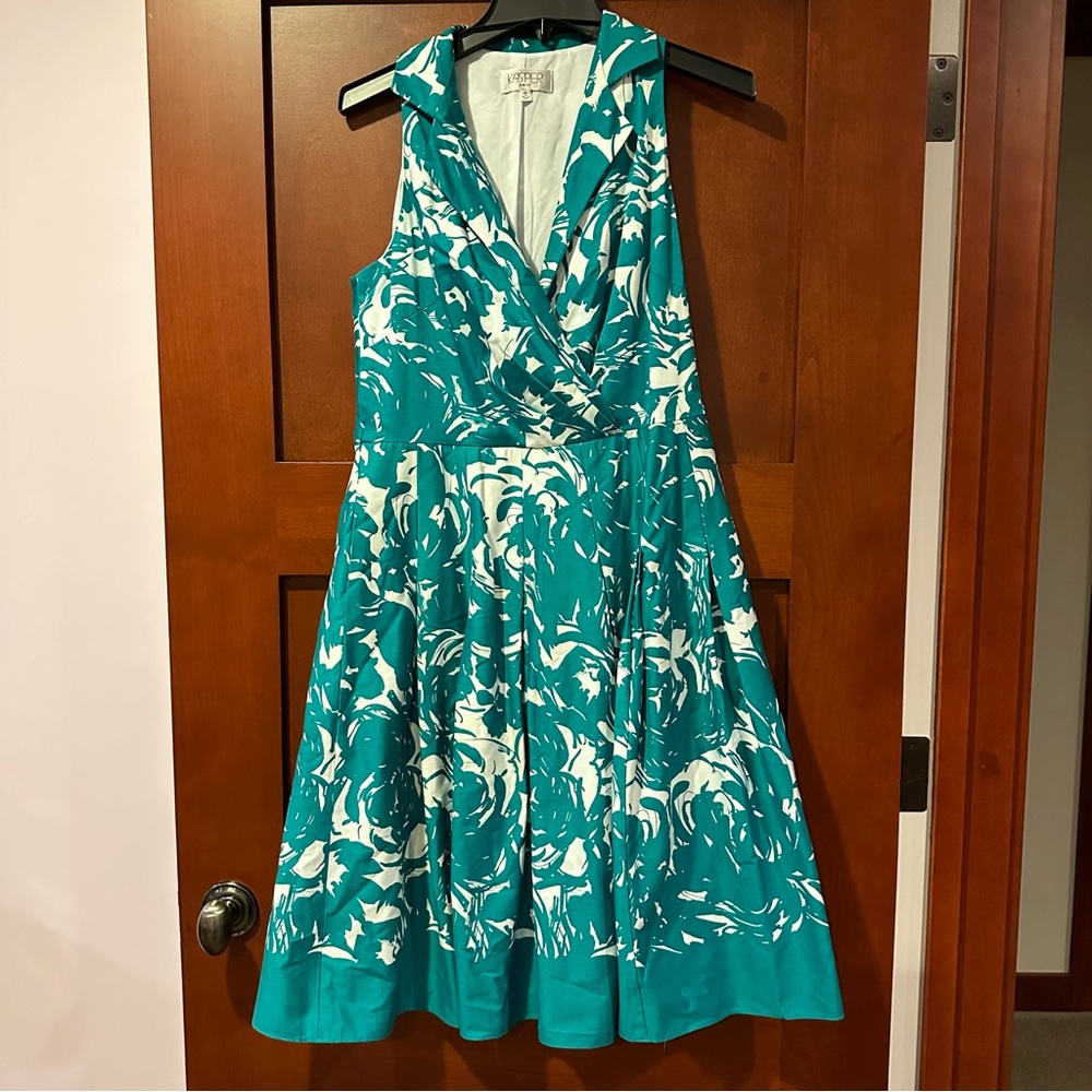 Kasper Printed Collared Sleeveless A Line Dress Teal